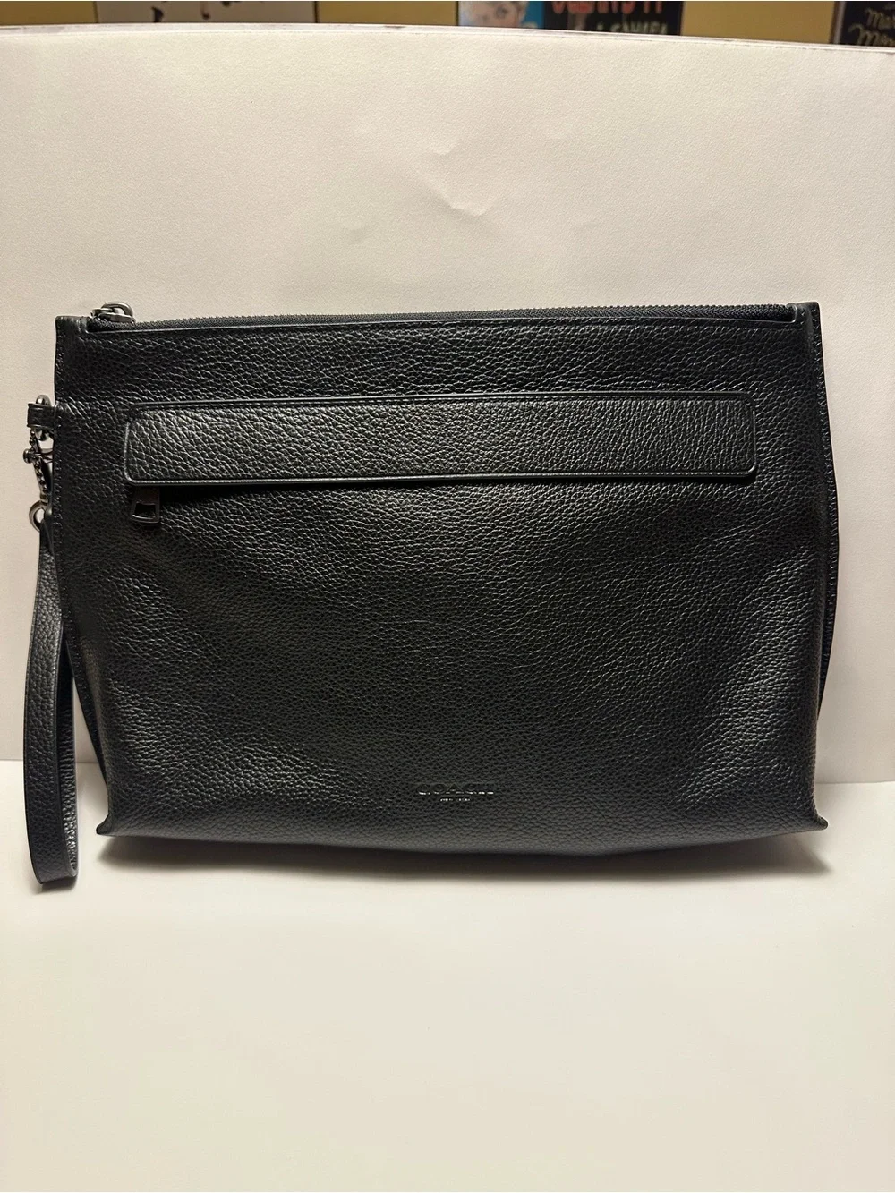 Oversized Black Leather Wristlet Clutch Bag
